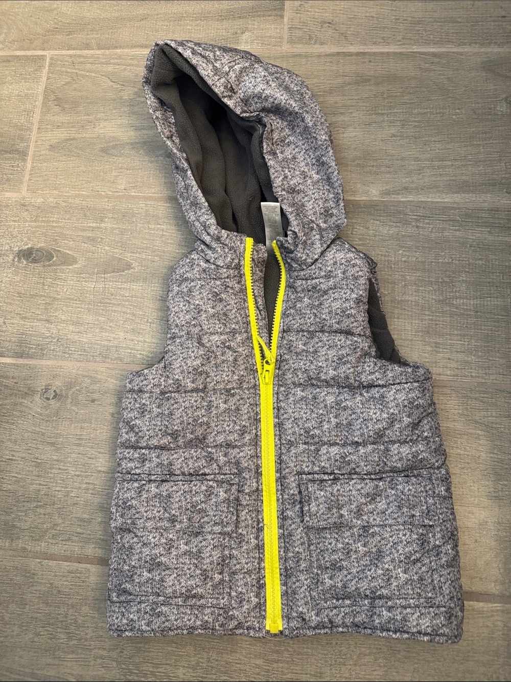 Little Me Gray Hooded Puffer Vest with Yellow Zipper